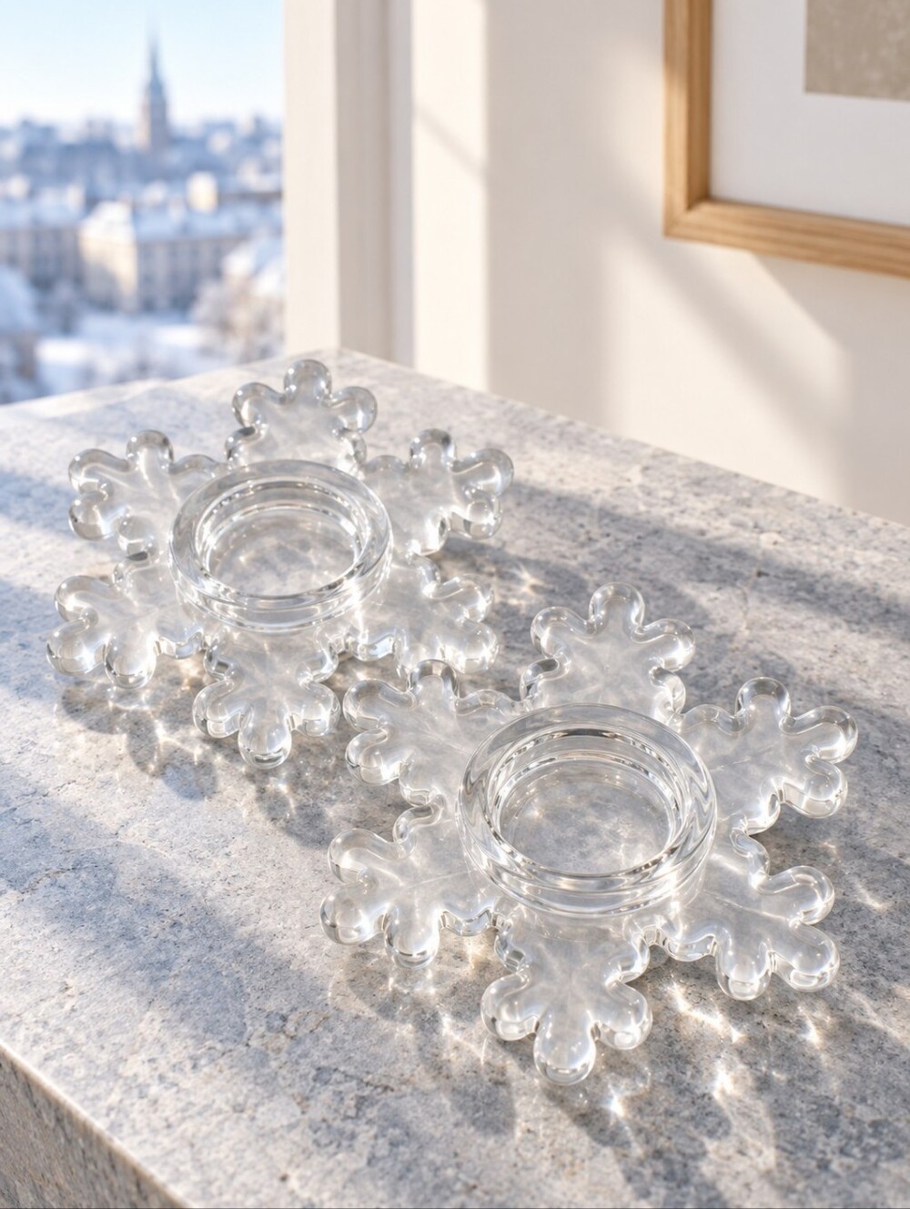 Crate & Barrel Glass Snowflake Tealight Votive Candle Holders Set of 2